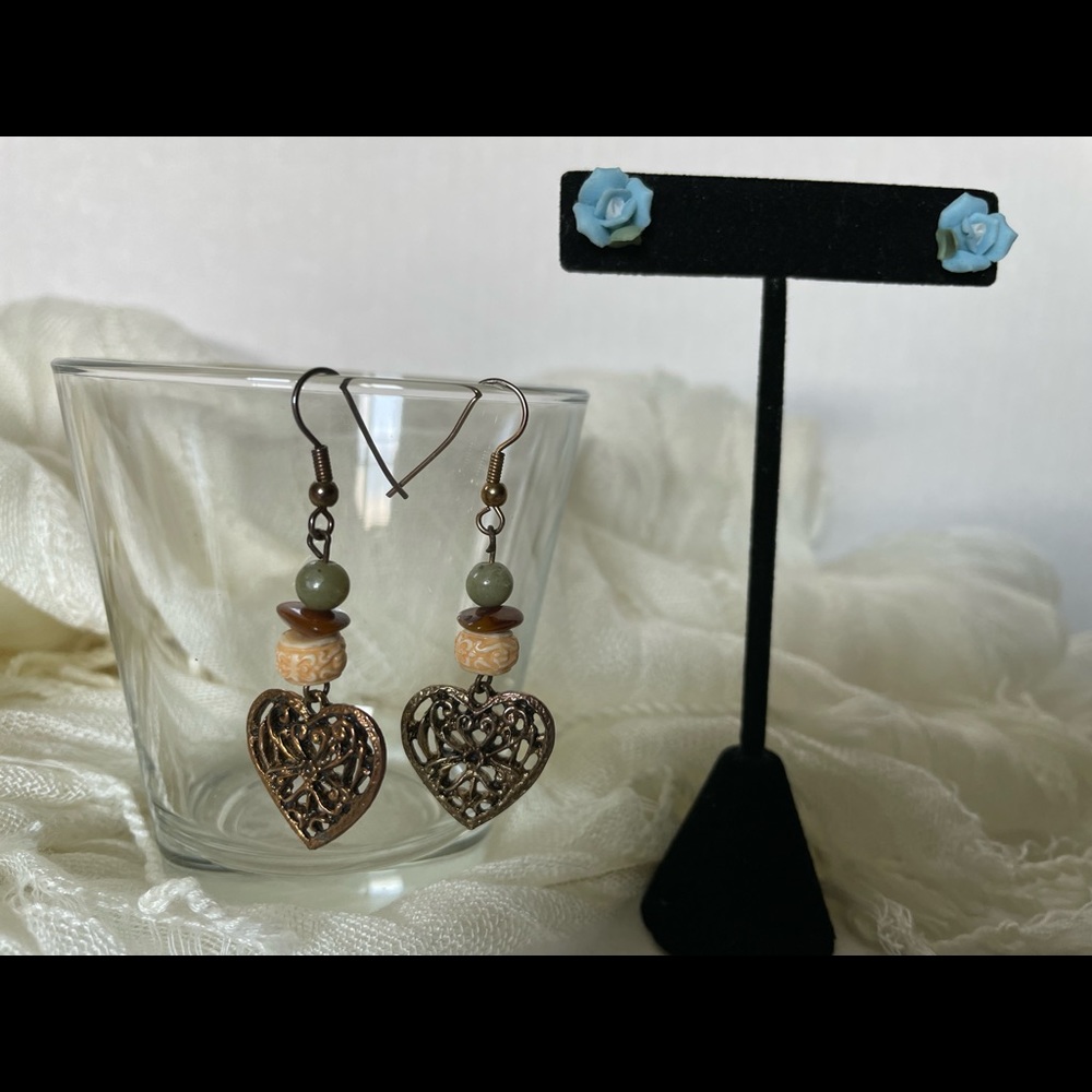 Blue clay rose post, Copper heart dangling, Red button screw, White faux Pearl